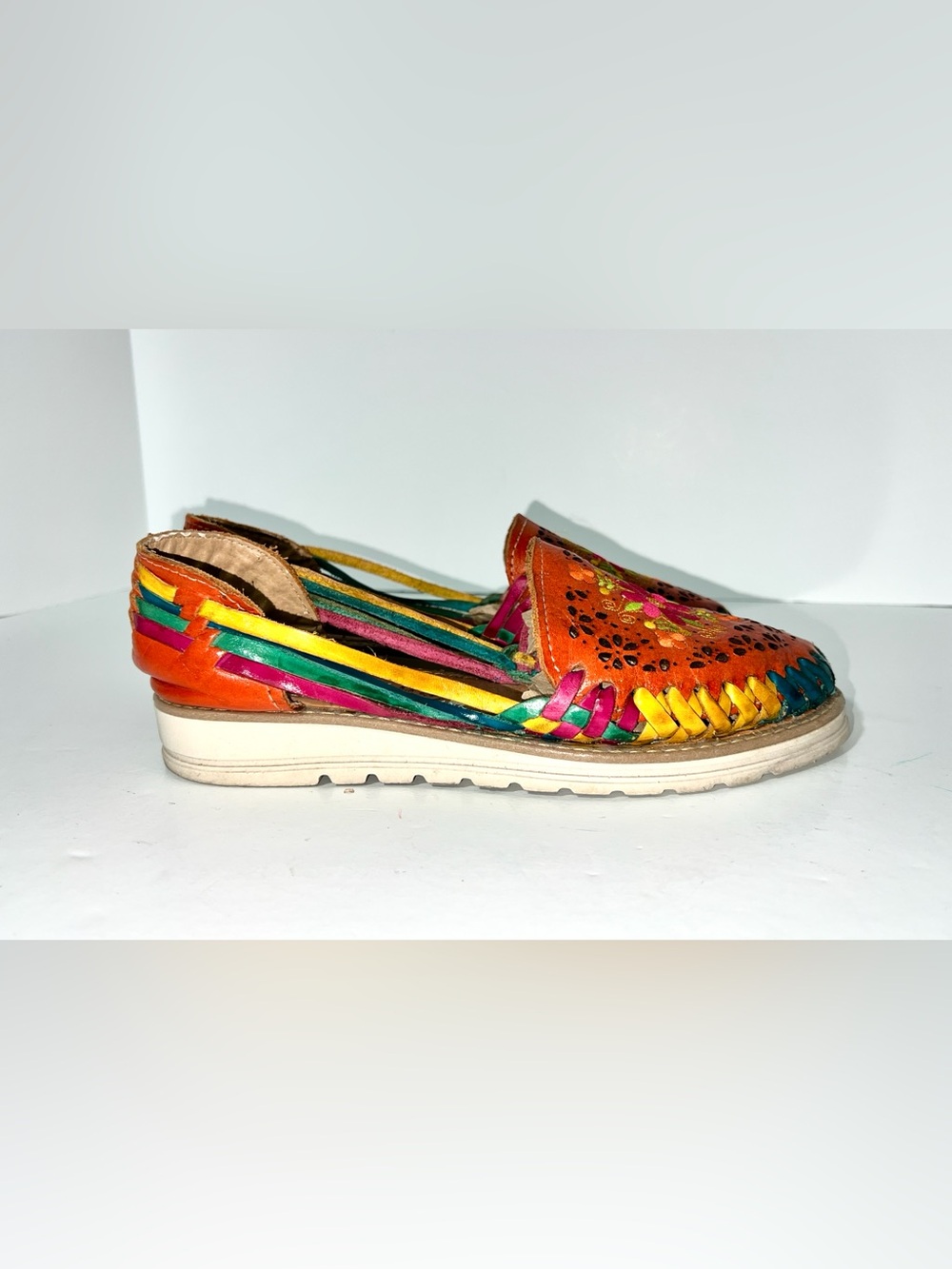 Huaraches Rocio Mexican Leather Embroidered Multi-Color Platform Slip-On Shoes S